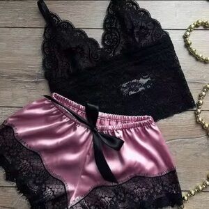 Black and Pink Lace Sleepwear Set